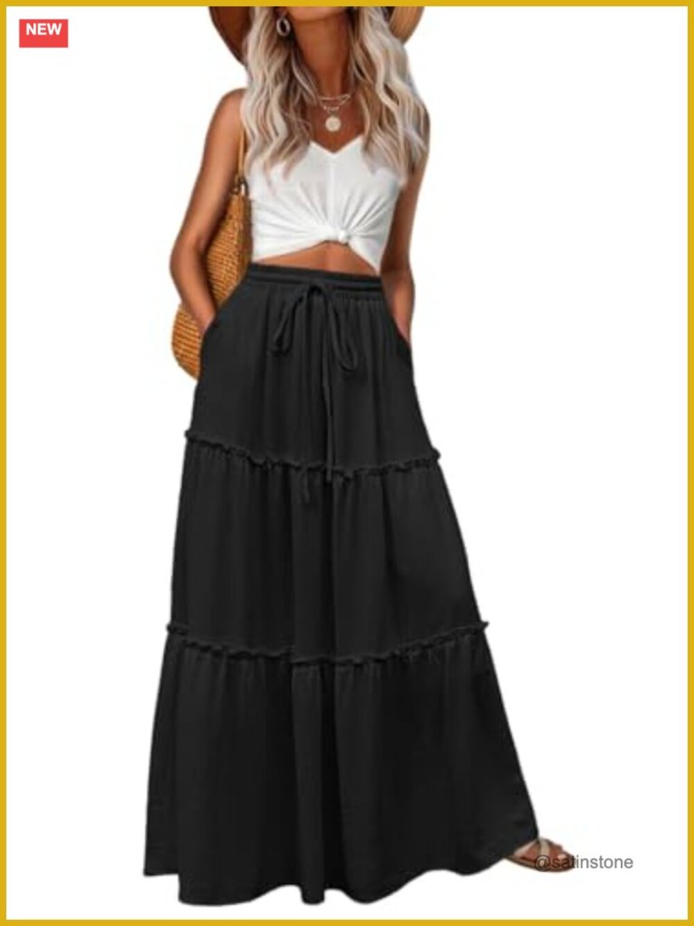 High Waisted Flowy Tiered Maxi Skirt with Pockets Boho Summer Beach